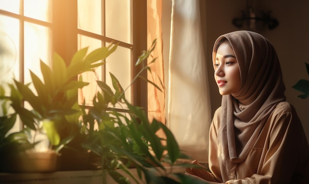 Молодая женщина в хиджабе смотрит в окно.