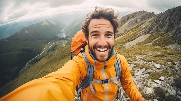 Young hiker man taking selfie portrait on the top of mountain Happy guy smiling at camera Tourism sport life style and social media influencer concept