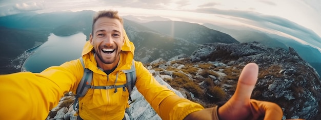 山の頂上でセルフィーを撮っている若いハイカーカメラに笑顔を浮かべる幸せな男