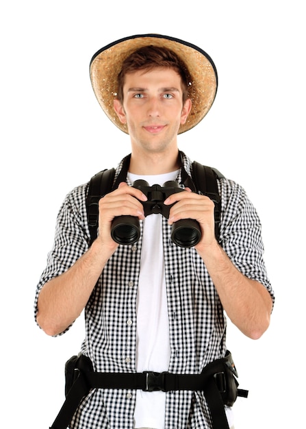 Молодой турист человек турист с биноклем, изолированные на белом