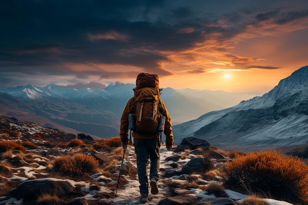 Young hiker with backpack hiking on top of mountain with beautiful sky and sun rays