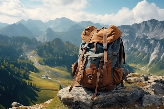 Young hiker with backpack in mountains