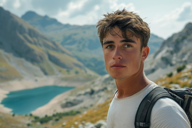 Young hiker with a serene mountain lake backdrop