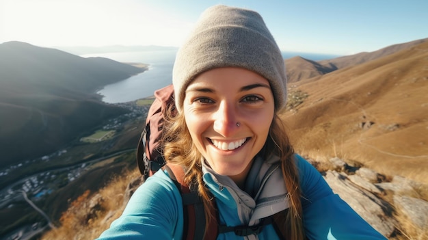 Young hiker woman taking selfie portrait on the top of mountain Happy guy smiling at camera Tourism sport life style and social media influencer concept