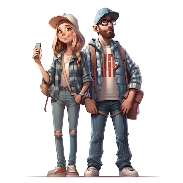 Young hipster couple in casual clothes with backpack and mobile phone cartoon illustration