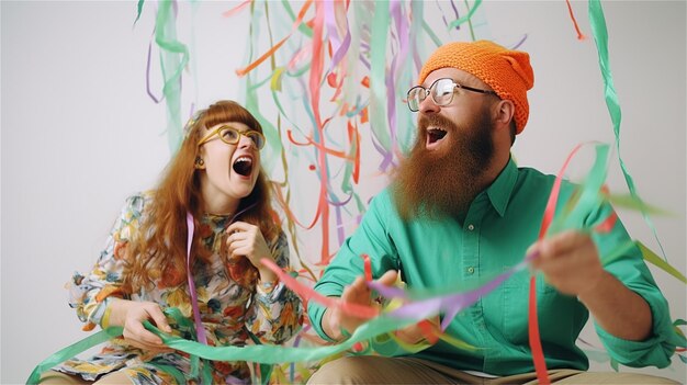 Photo young hipster couple with red beard and eyeglasses celebrating birthday together