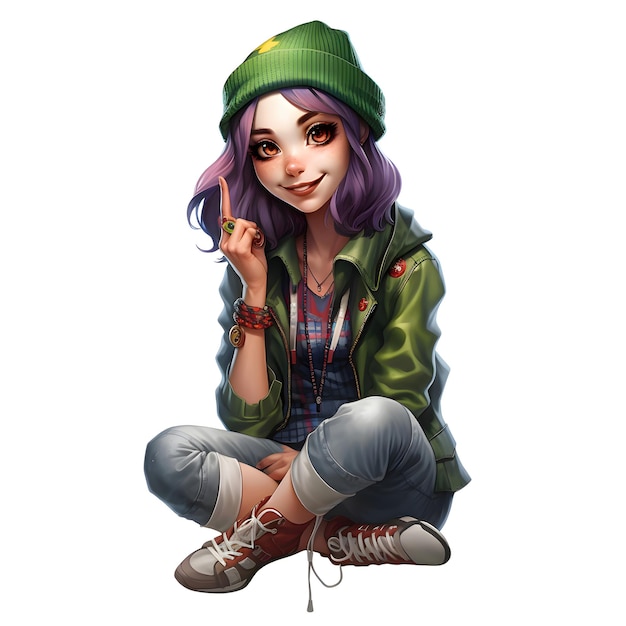 Young hipster girl in a green jacket and hat Vector illustration