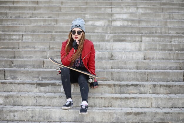 Photo a young hipster girl is riding a skateboard girls girlfriends for a walk in the city with a skateboard spring sports on the street with a skateboard