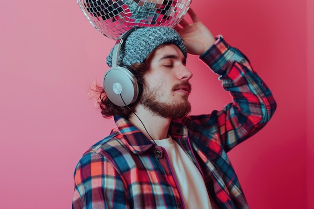 Photo young hipster listening to music in street style outfit