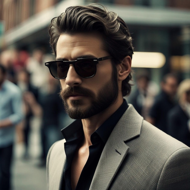 A young hipster man in black suit black beard and sunglasses modal pose