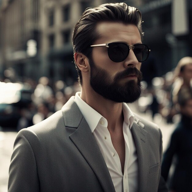 A young hipster man in black suit black beard and sunglasses modal pose