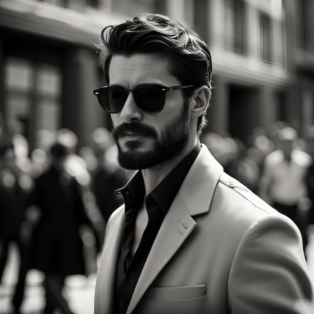 A young hipster man in black suit black beard and sunglasses modal pose