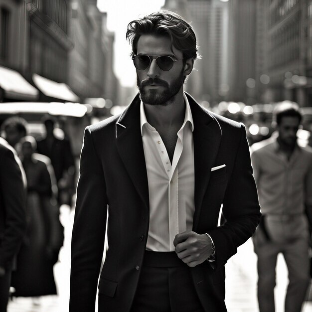 Photo a young hipster man in black suit black beard and sunglasses modal pose