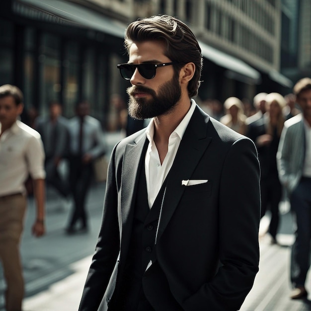 A young hipster man in black suit black beard and sunglasses modal pose