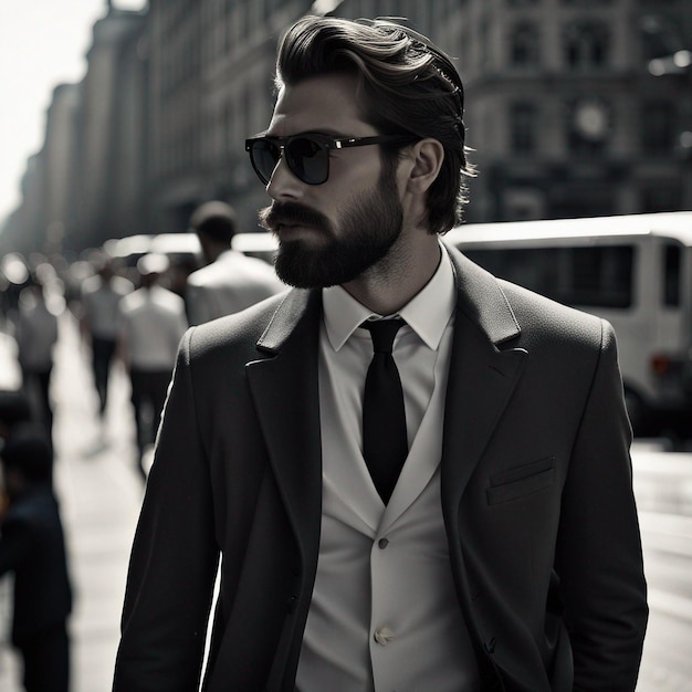 A young hipster man in black suit black beard and sunglasses modal pose
