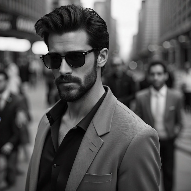 A young hipster man in black suit black beard and sunglasses modal pose