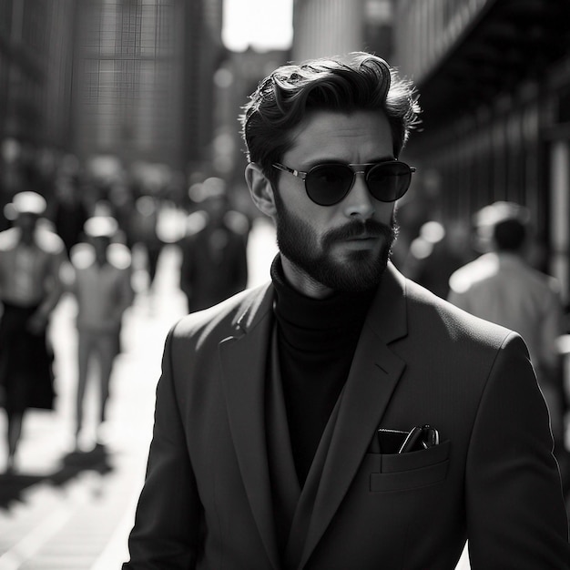 A young hipster man in black suit black beard and sunglasses modal pose