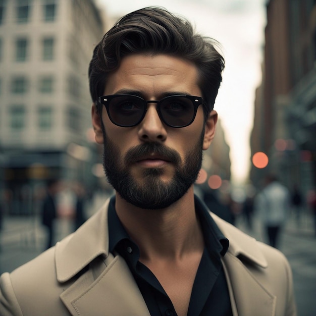 A young hipster man in black suit black beard and sunglasses modal pose