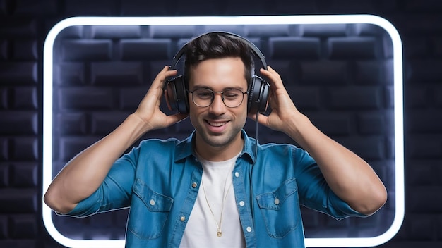 Young hipster man listening music with headphones at black studio with neon lights