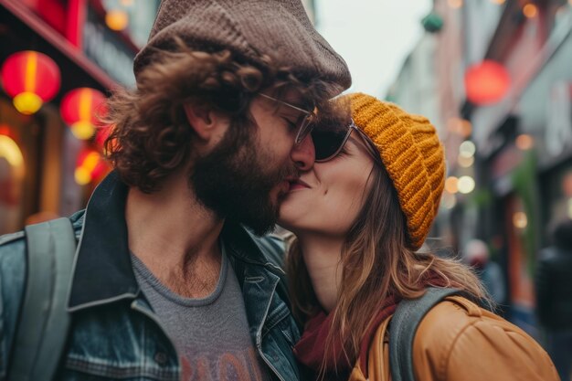 Photo young hipster man and woman kissing on street