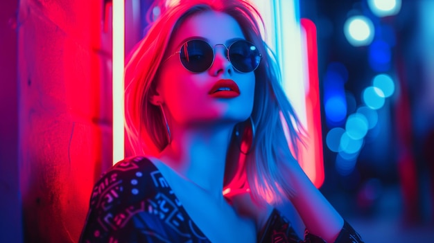 Young hipster woman posing in red and blue neon light on the night street hot blonde model