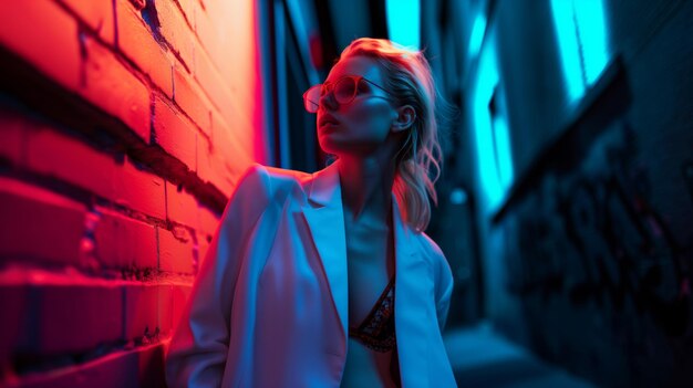 Young hipster woman posing in red and blue neon light on the night street hot blonde model