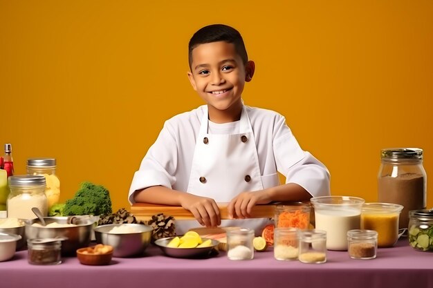 A young Hispanic boy as a holiday chef preparing a festive meal isolated color background