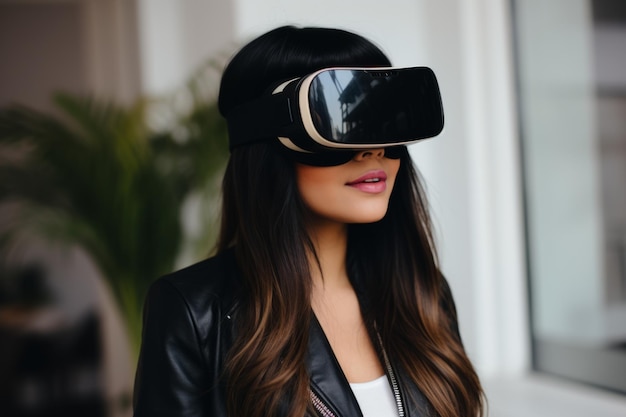 Молодая испаноязычная студентка использует компьютерные технологии девушка VR наушники очки виртуальной реальности