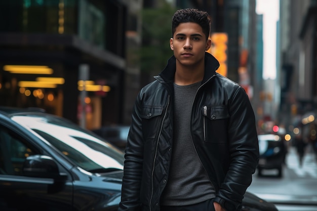 Young Hispanic man in black leather jacket Fall or spring season lifestyle concept