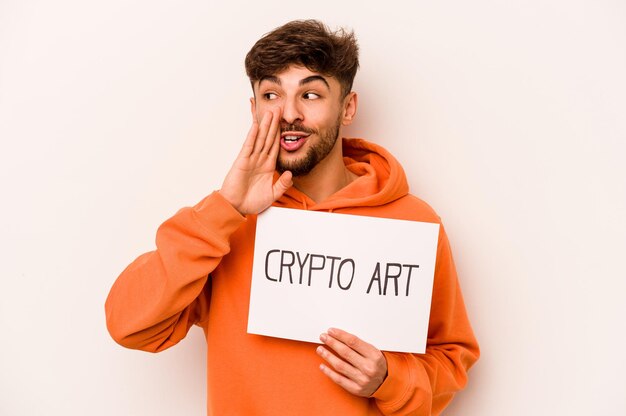 Young hispanic man holding a crypto art placard isolated on white background is saying a secret hot braking news and looking aside