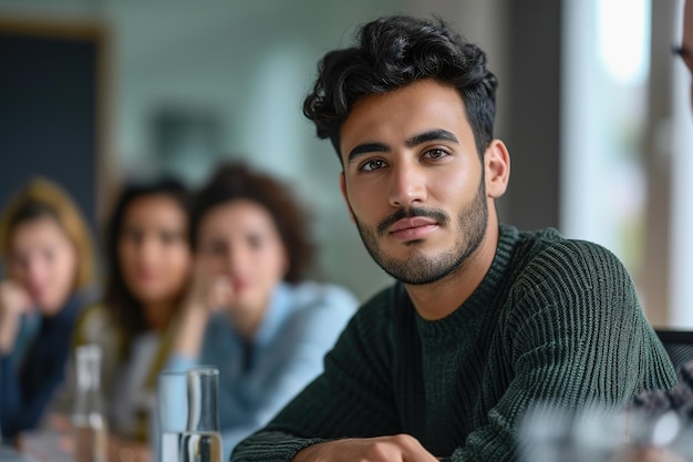 Young hispanic man listening to presentation in office group meeting