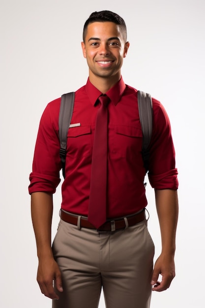 Photo young hispanic man in red shirt and tie with backpack