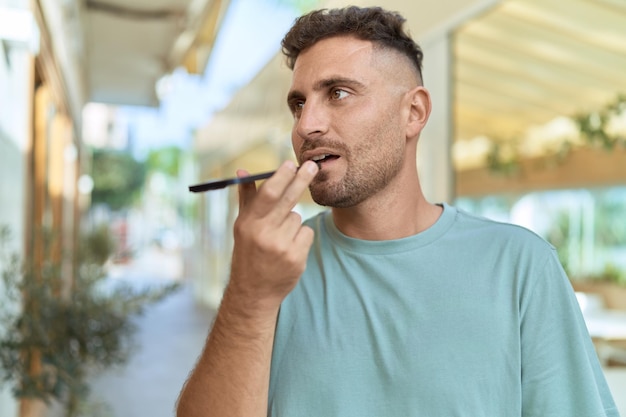 Young hispanic man smiling confident talking on the smartphone at coffee shop terrace