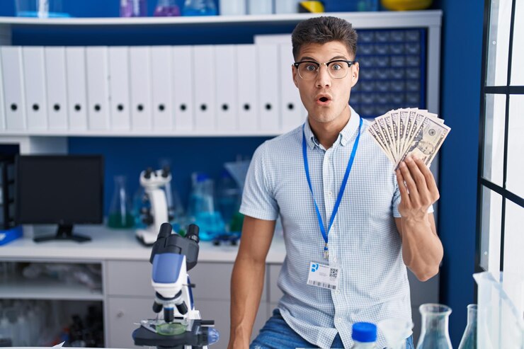 Photo ドルを保持している科学者の研究室で働いているヒスパニック系の若い男性