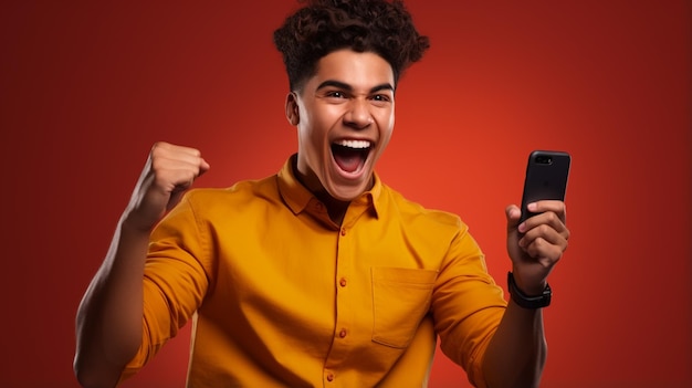 Young hispanic student celebrating victory and happy good news online