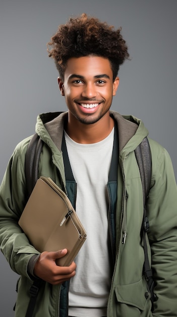 Foto giovane studente ispanico dell'adolescente che sorride fiducioso tenendo i libri all'università