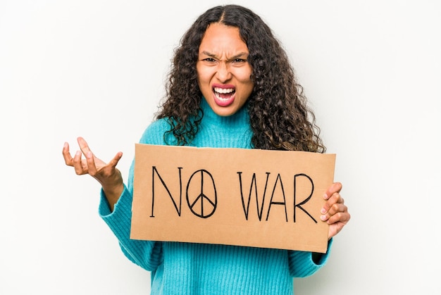 Young hispanic woman holding no war placard isolated on white background