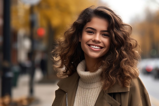 A young hispanic woman smiling at the camera while standing on a sidewalk created with generative ai