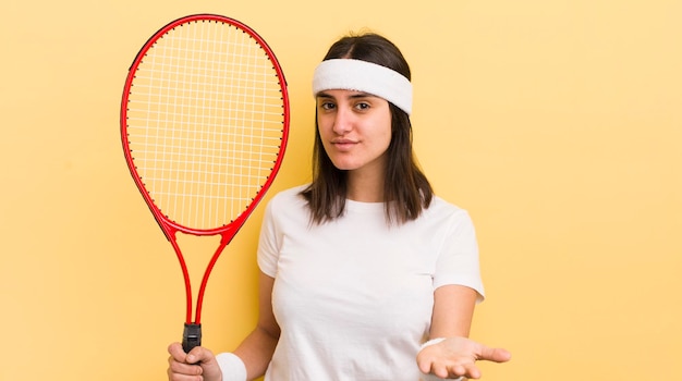 젊은 히스패닉계 여성이 친절하게 웃으며 개념 테니스 개념을 보여주고 제공합니다.