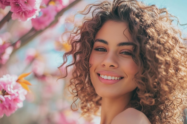 Young hispanic woman among spring blossoms spring portrait