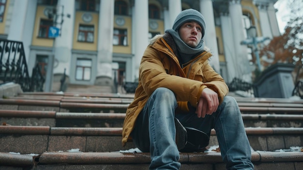 Young homeless boy sitting on the steps against a government building