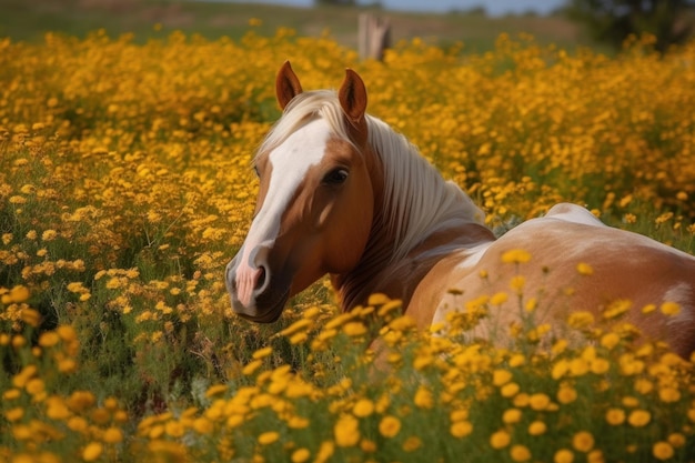 Young horse lying in grass and flowers generative ai