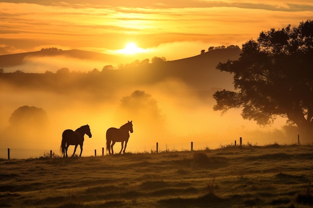 Young horses walking in fog at sunset Generative AI