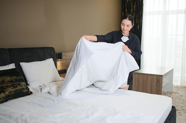 Young hotel maid making the bed