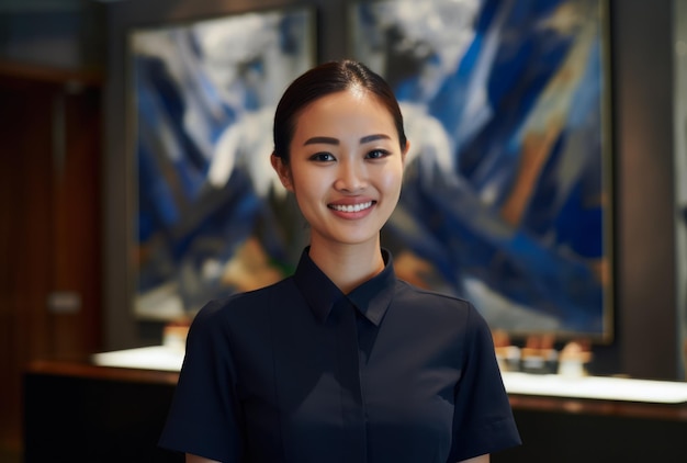 Young hotel receptionist woman at the hotel lobby