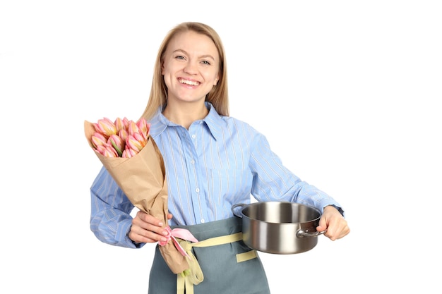 Young housewife with bouquet of flowers isolated on white background
