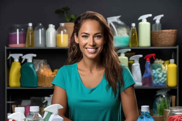 Young housewife with cleaning supplies on blue background