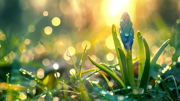 水滴で覆われた若いヒアシンスの芽