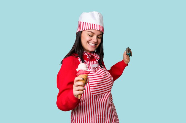 A young ice cream vendor in vintage attire holds a sweet cone smiling happily