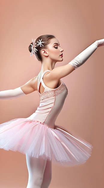 Young and incredibly beautiful ballerina is posing and dancing in a white studio full of light